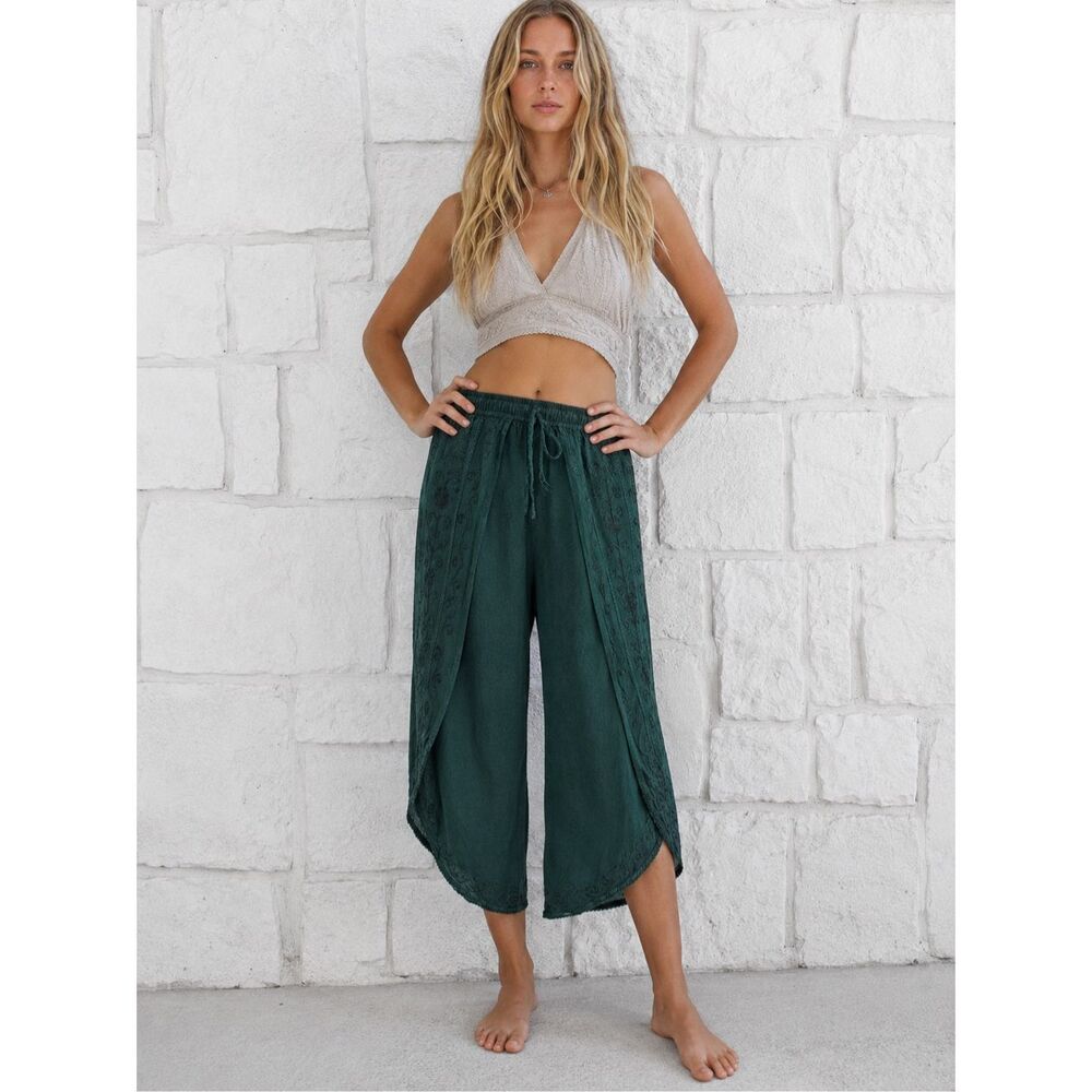 Kirat Bohemian wrap-overlay palazzo pants Rayon Emerald Green One Size #1100
